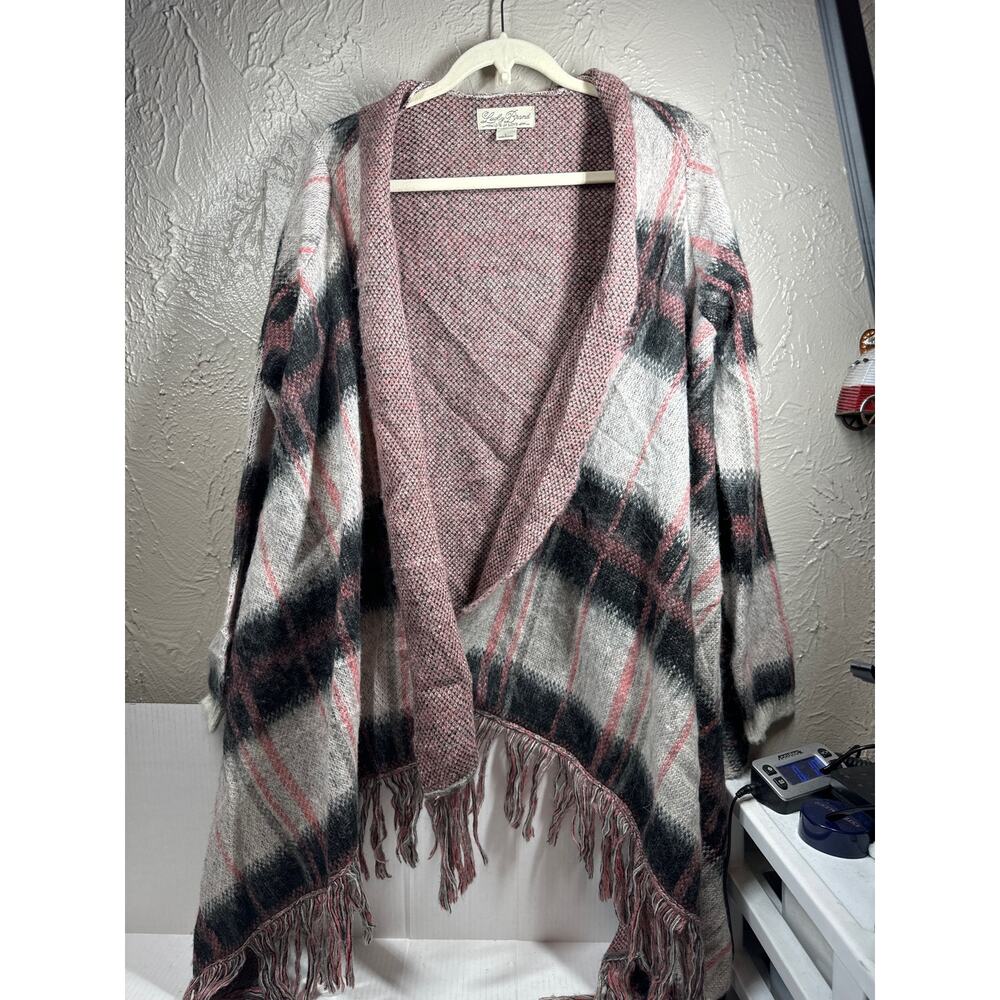 Lucky Brand Plaid Pink Gray Cardigan‎ Shawl Fringe Sweater Jacket Size Large